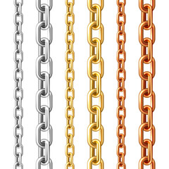 Realistic seamless golden, silver and bronze chains isolated on white background. Metal chain with shiny gold plated links. Vector illustration.