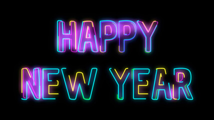 Happy New Year Neon Glow Stroke on Black Background
