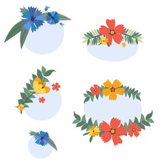 Fototapeta na wymiar Vector floral decorative element or composition with red and yellow and blue flowers for border, template, frame, label, postcard, print. Floral postcard, print, illustration. Clip art. 