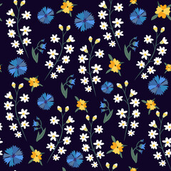 Fototapeta na wymiar vector seamless floral pattern. White small flowers, blue and yellow flowers.