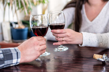 Close up of young couple toasting with glasses of red wine.