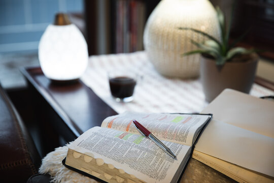 House plant, open bible, pen, notebook, and — Photo — Lightstock