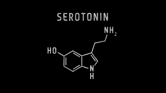 Serotonin or Hydroxytryptamine Molecular Structure Symbol Sketch or Drawing on Black Background