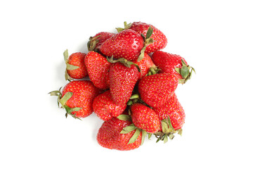 Group of red strawberries with green leaves isolated on white background. 