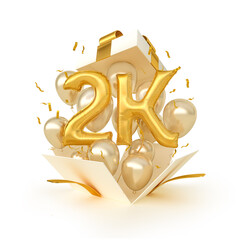Golden balloons in celebration of 2k followers. Gift box with flying balloons. 3d illustration