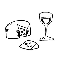 Vector hand drawn illustration of glass of wine and cheese. Doodles