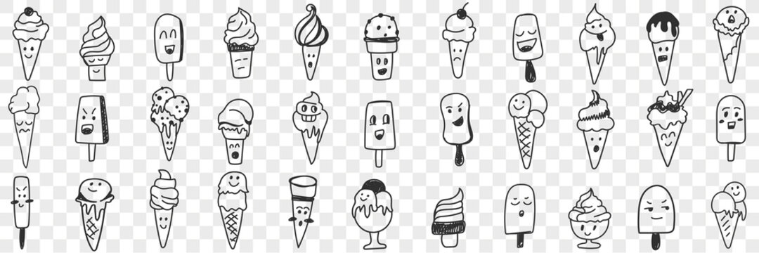 Sweet ice cream shapes doodle set. Collection of hand drawn various ice cream emoticon facial expressions in rows isolated on transparent background 