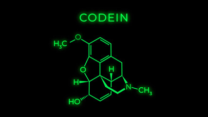 Codein or Codeine or 3-Methylmorphine Molecular Structure Symbol on black background 