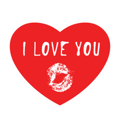Romantic card for valentine's day with the inscription I love you and a kiss imprint. Isolated. Vector illustration.