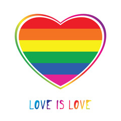 LGBT symbology. Striped multicolored heart white background. Love is love. Simple logo, symbol of freedom of sexual choice.Isolated.Vector illustration.