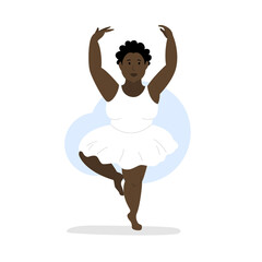 African American ballerina. Dancing woman plus size. Isolated cartoon character in dynamic. Black skin human dancing classic ballet.