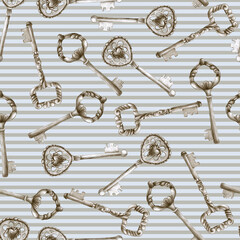 Seamless pattern with drawn in pencil vintage keys from old locks. Background with stripes and metal curly keys. Background for printing on paper and fabric. Trendy print