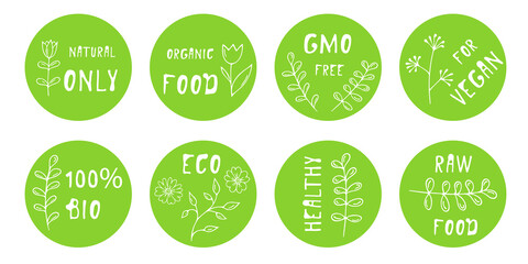 Set with healthy food icons,round labels.Logos for natural products,for vegetarian food. Packaging emblems .Organic bio nutrition, non-GMO.Isolated. Vector illustration.