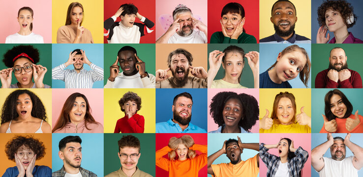 Portraits of group of people on multicolored background, collage.