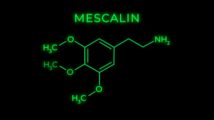Mescaline or 3,4,5-trimethoxyphenethylamine Molecular Structure Symbol Neon on black background - obrazy, fototapety, plakaty