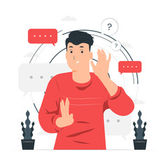 Curious cheerful man keeps hand near ear tries to overhear private conversation listens gossips concept illustration