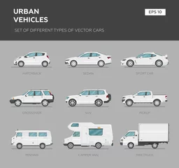 Fotobehang Cars over grey background, vector illustration. Collection car set - sedan, van, truck, suv, sport car, camper van © Alice