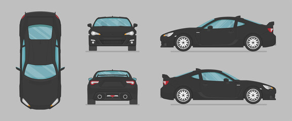 Fototapeta premium Vector black sport car. Side view, front view, back view, top view. Cartoon flat illustration, car for graphic and web