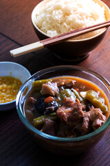 Braised pork with bitter gourd Chinese food with steamed rice