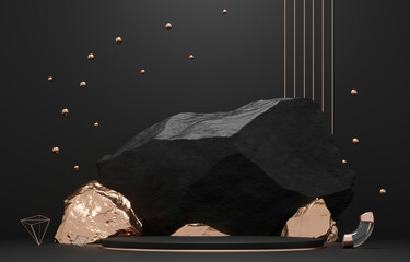 Stone and Rock ore shape base. Dark black 3d background illustration. Gold foil podium, pedestal for brand product exhibition. Mockup template for ads design. 