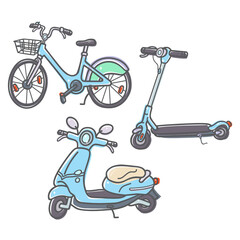City Shared transport vector illustration with light blue motor scooter, electric kick scooter and bicycle in color outline style on the white background