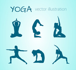 vector illustration of silhouettes of girls doing yoga in different poses. healthy lifestyle, stretching, meditation.
