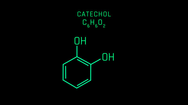 Catechol Also Known As Pyrocatechol Or 1,2 Dihydroxybenzene, Molecular Structure Symbol On Black Background