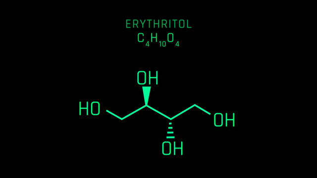 Erythritol or a sugar alcohol or polyol Molecular Structure Symbol on black background