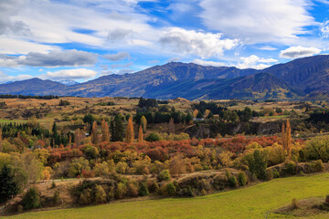 Obraz premium Autumn landscape in a valley surrounded by mountains. Photographed in the Otago region, South Island, New Zealand