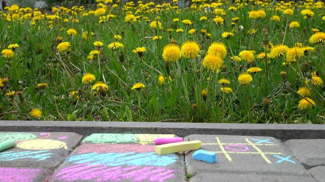 Children's drawings with multicolored crayons on a paving slabs against a background of green grass and yellow dandelions, game of tic-tac-toe.  Adults and children.