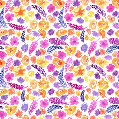 Violet, pink, orange, and yellow floral pattern. Bright seamless ornament. Cute watercolor hand painted background
