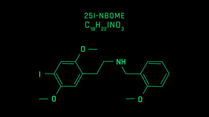 25I-NBOMe Molecular Structure Symbol Neon Animation on black background