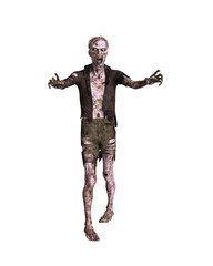 Fototapeta premium Zombie man walking with arms outstretched wearing tattered clothes. 3d illustration isolated on white background.