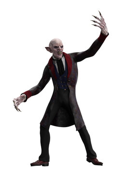 Vampire standing with left armed raised as if waving. 3d illustration isolated on white background.