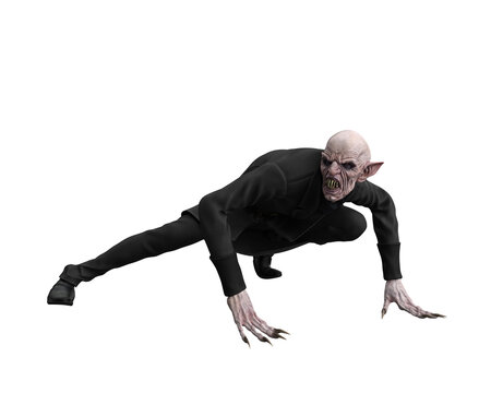 Vampire crouching with hands on the floor. 3d illustration isolated on white background.