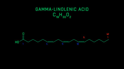Gamma Linolenic Acid or GLA Molecular Structure Symbol on black background