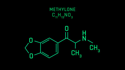 Methylone also known as 3,4-methylenedioxy-N-methylcathinone or MDMC or MDMA or M1 Molecular Structure Symbol on black background