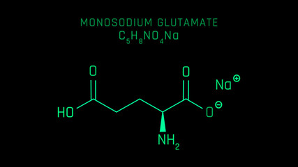 Monosodium Glutamate or MSG also known as Sodium Glutamate Molecular Structure Symbol on black background