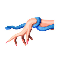 Female hand with long nails and a snake. Snake around the arm. Cartoon vector illustration isolated. Sticker, symbol, icon for your design. White background