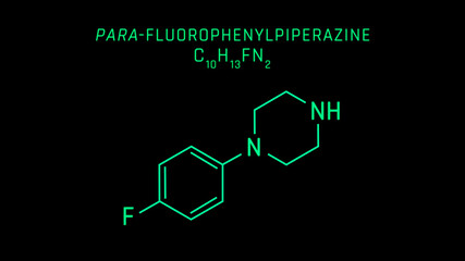 ParaFluorophenylpiperazine or Fluoperazine or Flipiperazine Molecular Structure Symbol Neon on black background