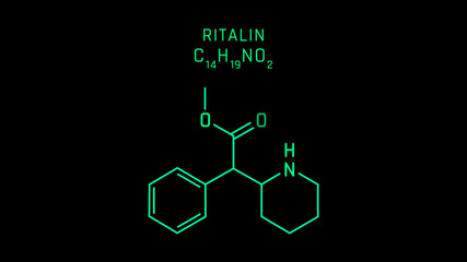 Ritalin Molecular Structure Symbol Neon on black background