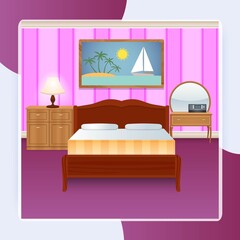 Bed room interior house apartment with furniture wardrobe decor poster vector illustration