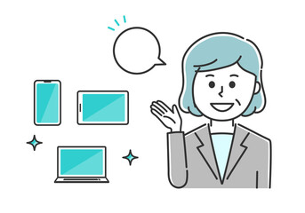 Happy office worker showing handheld devices. Vector illustration isolated on white background.