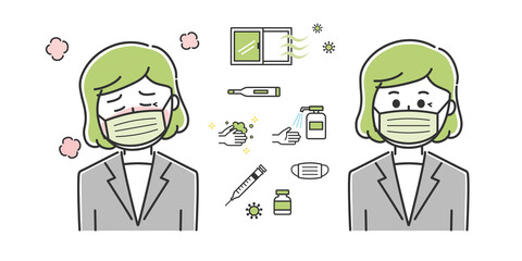 Office worker having a fever with countermeasures against covid-19. Vector illustration isolated on white background.