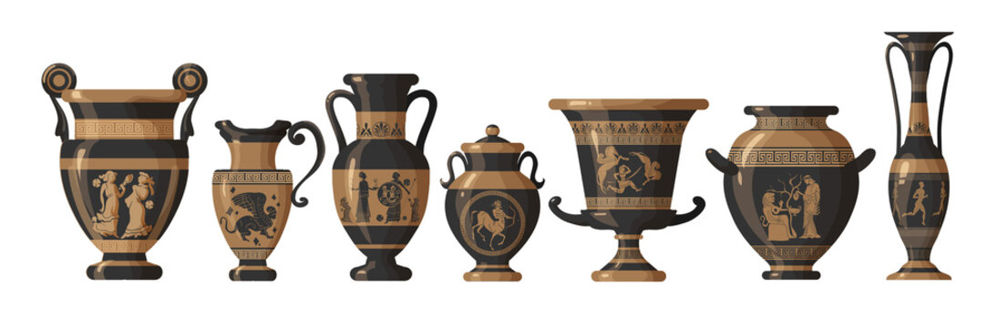 Set of antique Greek amphoras, vases with patterns, decorations and life scenes. Ancient decorative pots isolated on white background, old clay jugs, ceramic pottery. Vector illustration