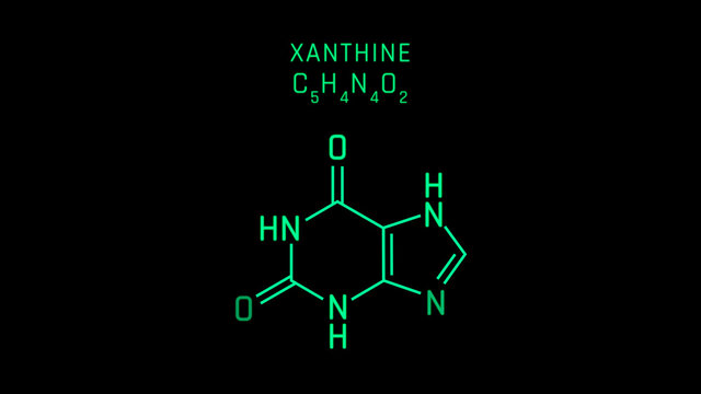 Xanthine or xanthic acid Molecular Structure Symbol Neon on black background
