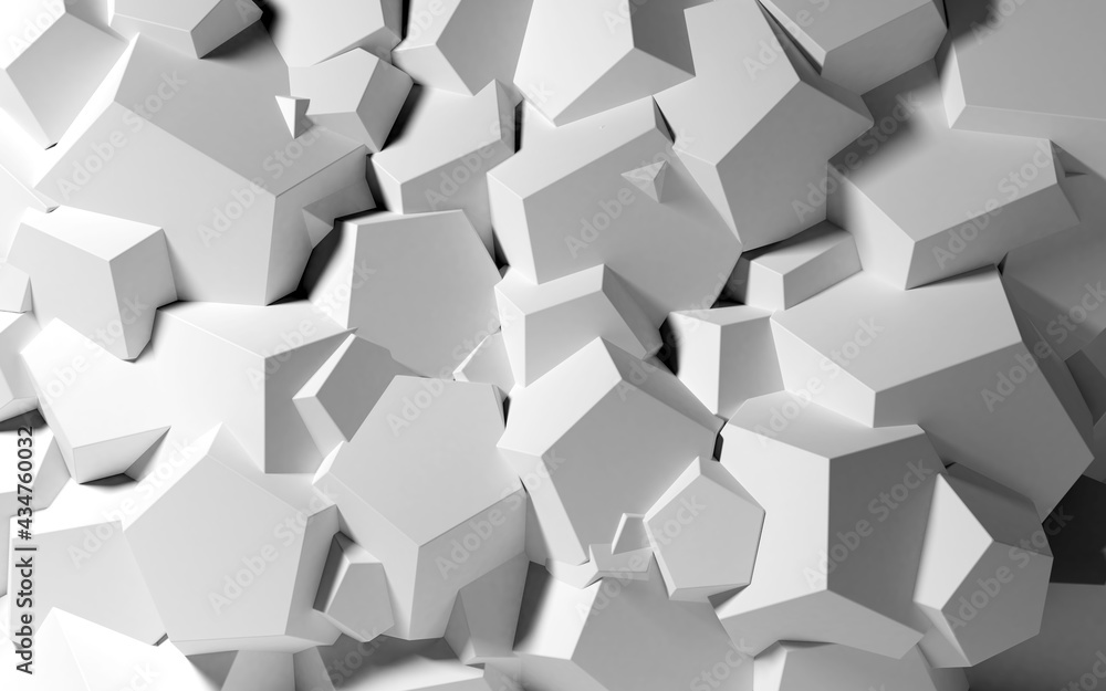Poster Abstract background with white 3D shapes flying in the light as a messy array or chaotic structure for any pastel backdrop. 3D illustration.