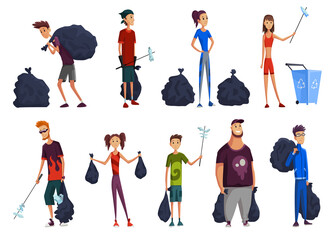 Set of young man and woman with packages and sticks. Garbage collection. Volunteer collect garbage. Plastic pollution awareness, environment protection and eco themed design