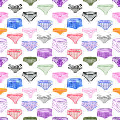 Colorful funny lingerie seamless pattern. Women panties, girly undies. Hand-drawn cute ornament.