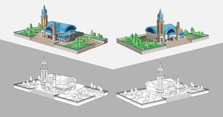 Vector coloring page with beautiful 3D model of a building with a blue roof. Two beautiful views for infographic. Station building, historical museum or shopping center